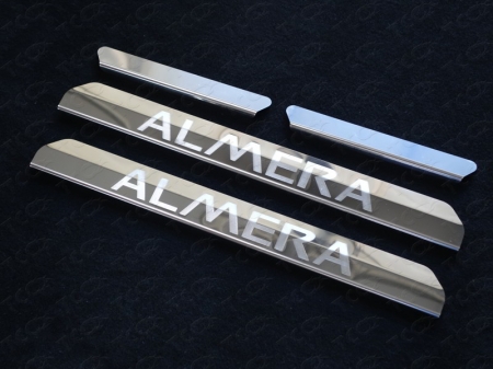 Nissan Almera 2014-Накладки на пороги (лист зеркальный надпись Almera)	