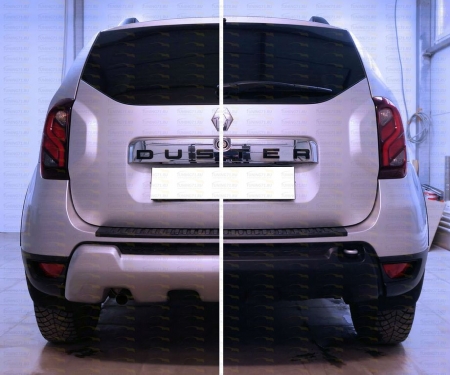 2015-  Renault Duster - Накладка на задний бампер. ABS пластик.Накладка на задн.бампер 1 шт., крепеж.элем. 1 шт., лючок 1 шт.