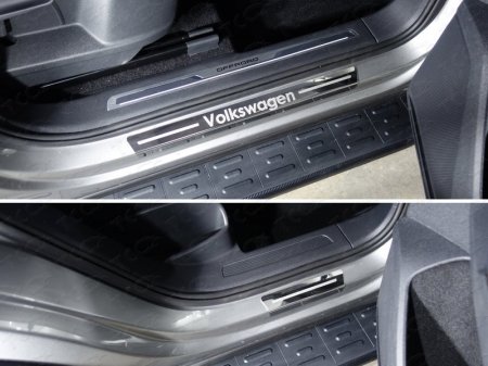 Volkswagen Tiguan 2017- Накладки на пороги внешние (лист зеркальный надпись Volkswagen) 4шт	